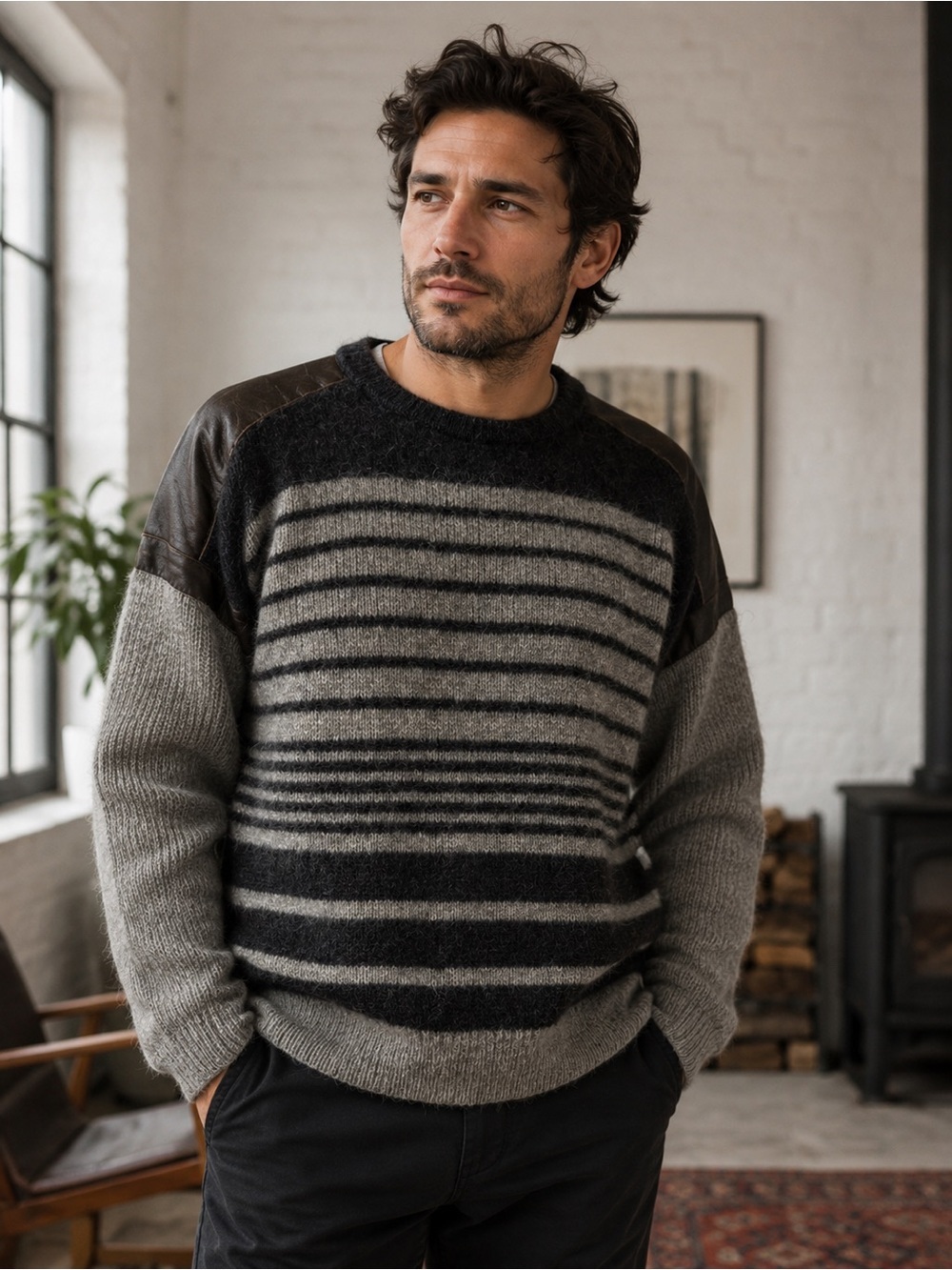 Vintage Wool Striped Crewneck Sweater in Charcoal and Gray